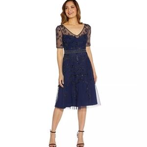 Adriana Papell Beaded VNeck Midi Dress